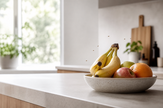 Bananfluer rundt et fruktfat på kjøkkenbenk