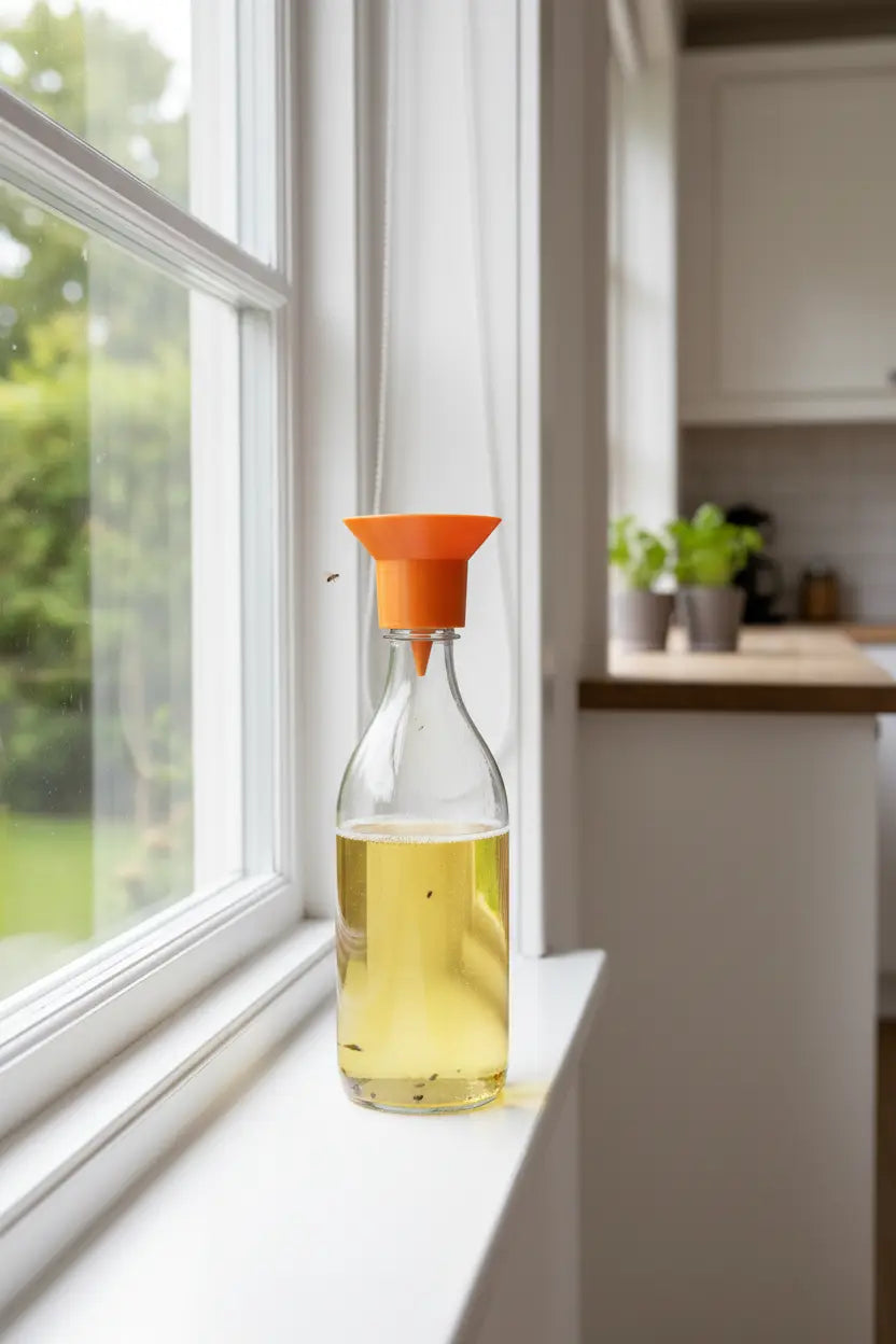 Fruktfluefelle i vinduskarm